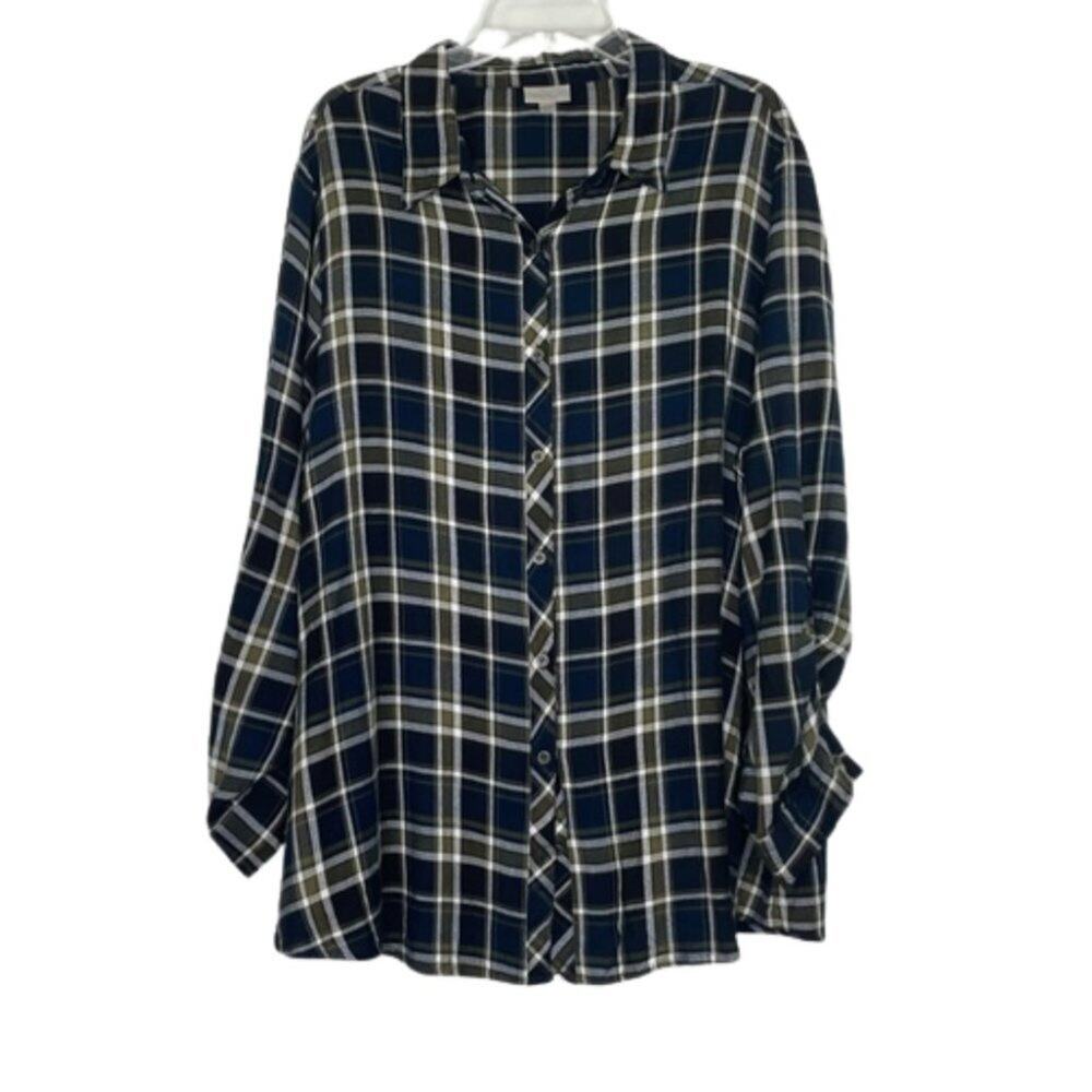 Avenue black and brown plaid button down blouse size 22/24